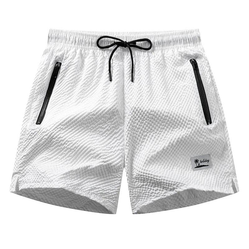 Men's Seersucker Beach Shorts with Mesh Liner Summer Casual Board Shorts with Zipper Pockets Quick Dry Swim Shorts Swim Trunks
