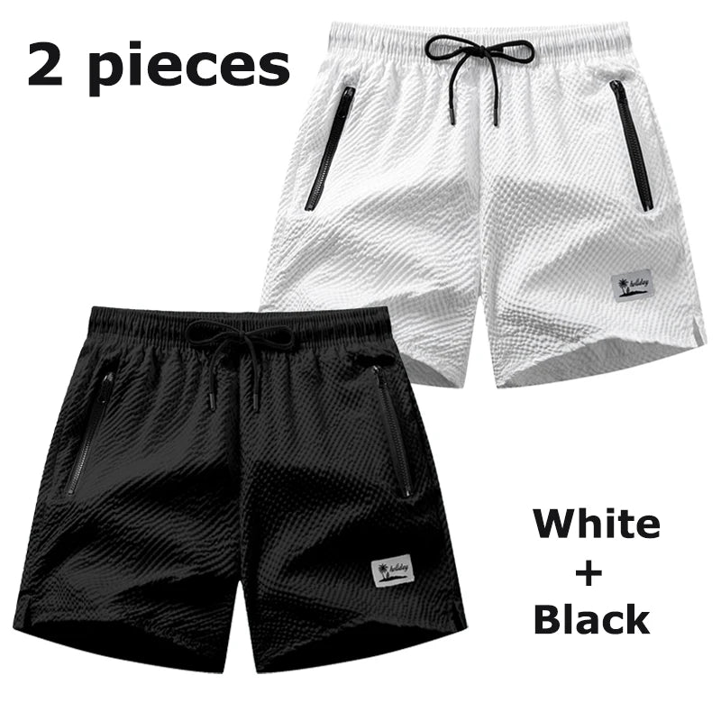 Men's Seersucker Beach Shorts with Mesh Liner Summer Casual Board Shorts with Zipper Pockets Quick Dry Swim Shorts Swim Trunks