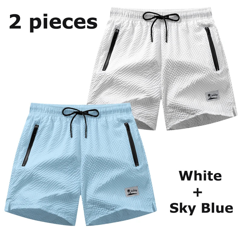 Men's Seersucker Beach Shorts with Mesh Liner Summer Casual Board Shorts with Zipper Pockets Quick Dry Swim Shorts Swim Trunks